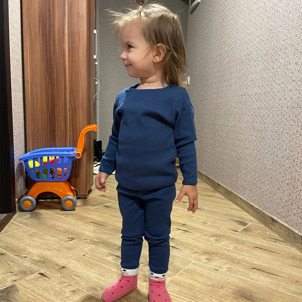 2024 Custom Toddler Kids Ribbed Knitting Pajamas Solid Cotton Winter Lounge Boy Girl Casual Pyjamas Children Warm Sleepwear