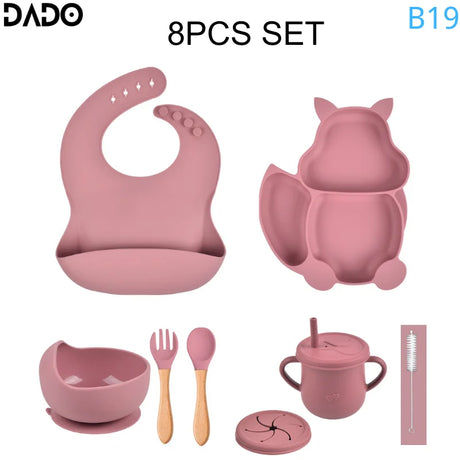 Baby Feeding Set Silicone Suction Bowls Divided Plates Straw Sippy Cup Toddler Self Eating Utensils Dishes Kit Bibs Spoons Fork