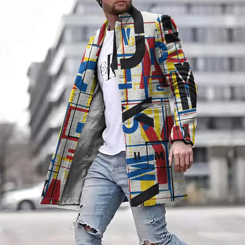 Men Woolen Coat Jacket Fashion Striped Geometric Print Young Mens Clothes Autumn Winter Single Breasted Pocket Overcoat Outwear