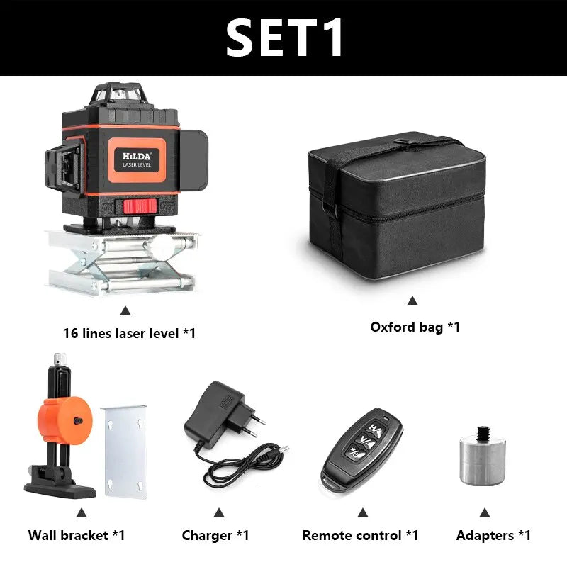 HILDA 16/12Lines 4D Laser Level Green Line SelfLeveling 360 Horizontal And Vertical Super Powerful Laser Level Green Beam