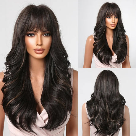 HAIRCUBE Long Ombre Brown Black Light Blonde Synthetic Wigs with Bangs Heat Resistant Straight Wigs for Women Natural