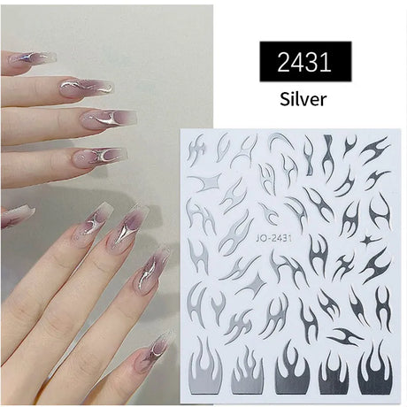 3D Silver Frame Nail Sticker Silver Bronzing Stripe Lines Sliders For Nails Tribal Pattern Decals Marble Blooming Nail Tattoos