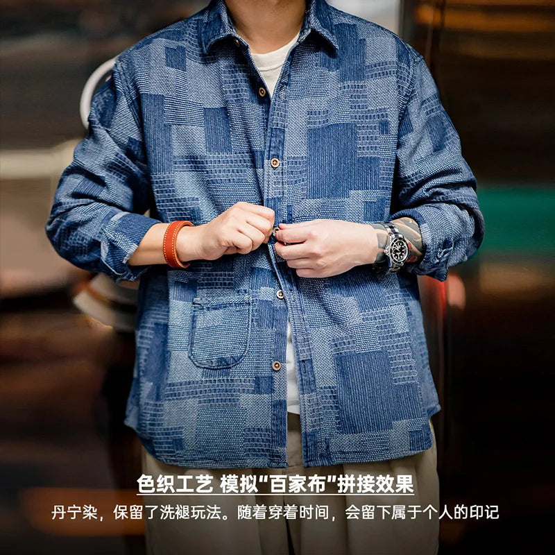 Maden Japanese Retro Boro Denim Shirts for Men Jacquard Patchwork Long-Sleeve Button Down Shirt Jacket Oversize Spring Outerwear