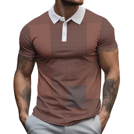 2023 New Men's Button Polo Shirt Fashion Line Checker 3D Print High Quality Summer Casual Short Sleeve Street Breathable T-shirt