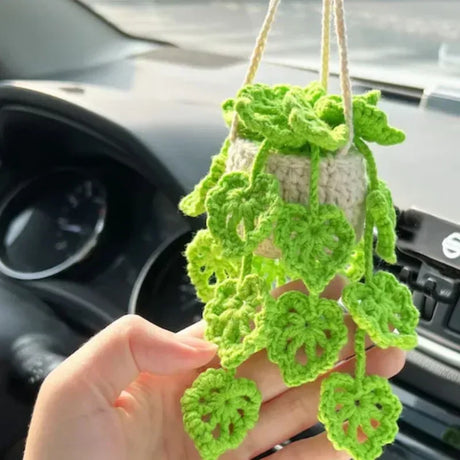 NEW Cute Potted Plants Crochet Car Basket,Hanging Plant Crochet for Car Decor,Car Ornament Rear View Mirror Hanging Accessories