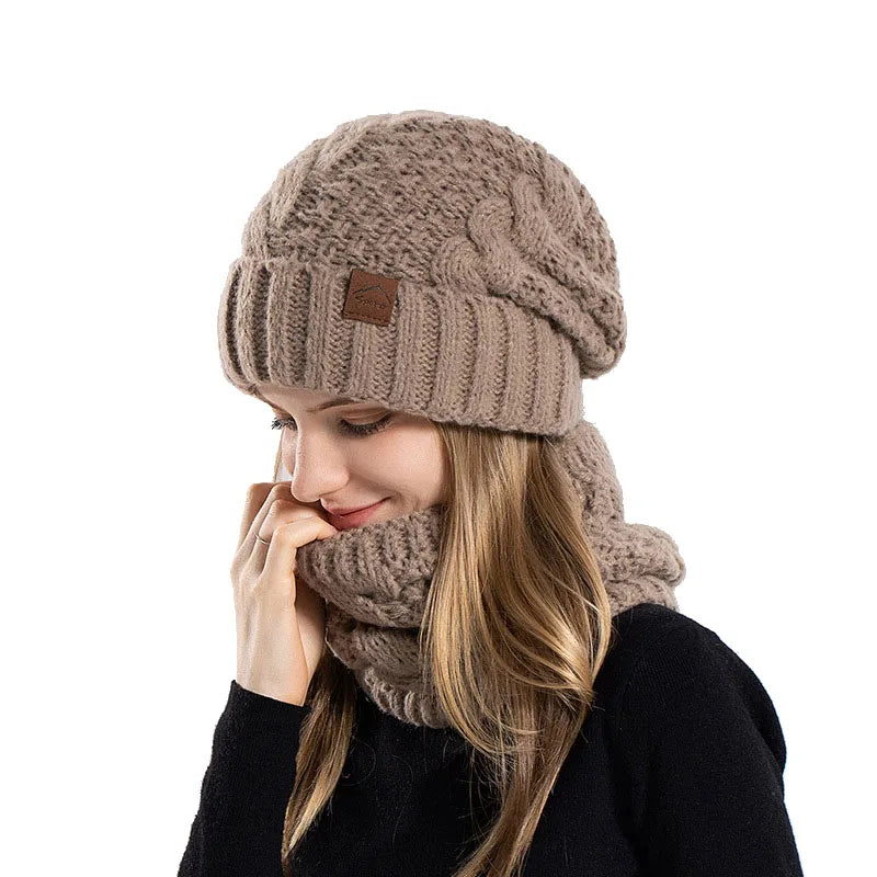 Women Fashion Winter Knitted Hat Scarf Set Fleece Lined Neck Warm Skullies Beanies Female Outdoor Thick Windproof Snow Ski Cap