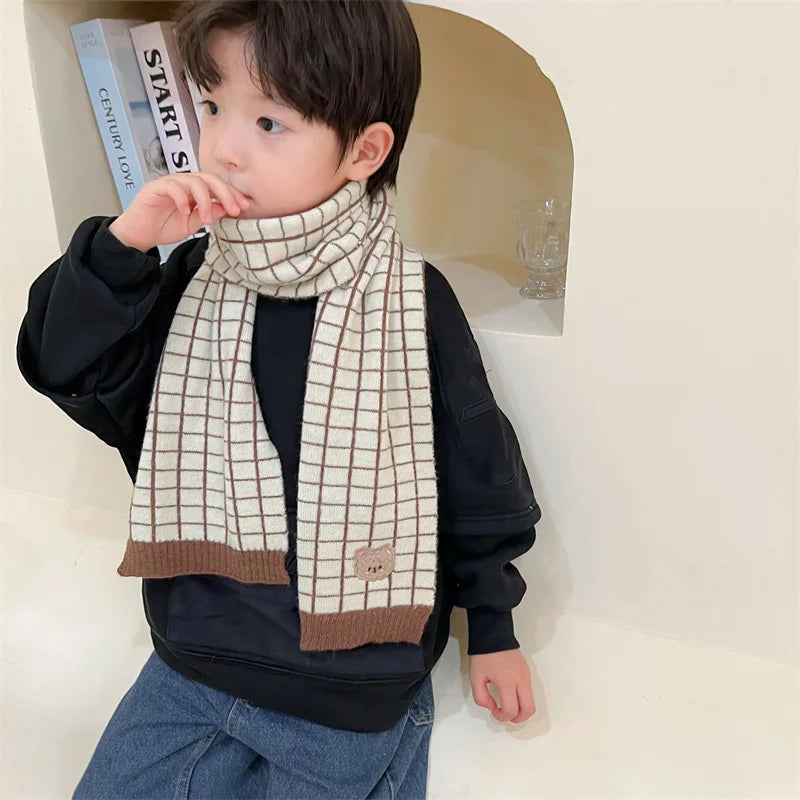 Winter Knitted Scarf For Children Warm Long Scarves Cute Plaid Striped Bear Boys Girls Neck Scarf Shawl Korean Style