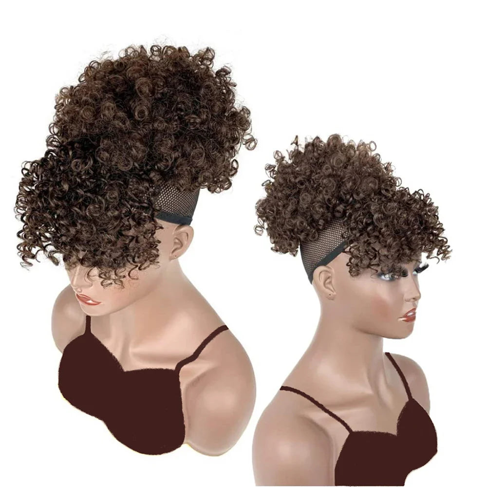 Afro Puff Drawstring Ponytail with Bangs Pineapple Updo Hair for Black Women, Short Kinky Curly Ponytail Bun (1B