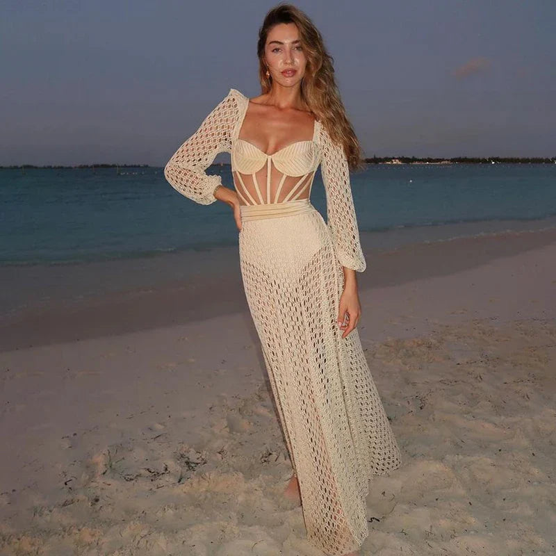 Cutout Stretch Knit Swimsuit 2024 Women's Swimwear Beach Outfits Luxury Long Sleeve Cover-Ups Beach Dress Bathing Suit Beachwear