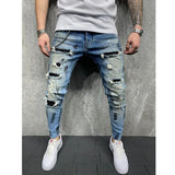 Men Jeans Knee Hole Ripped Stretch Skinny Denim Pants Solid Splice Color Blue Autumn Summer Hip-Hop Style Slim Fit Trousers 2023