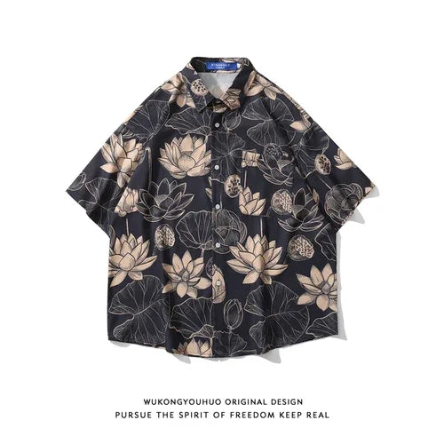 Retro HK Wind Full Printed Short Sleeved Shirts Loose Casual Shirt Jacket Men and Women for Summer