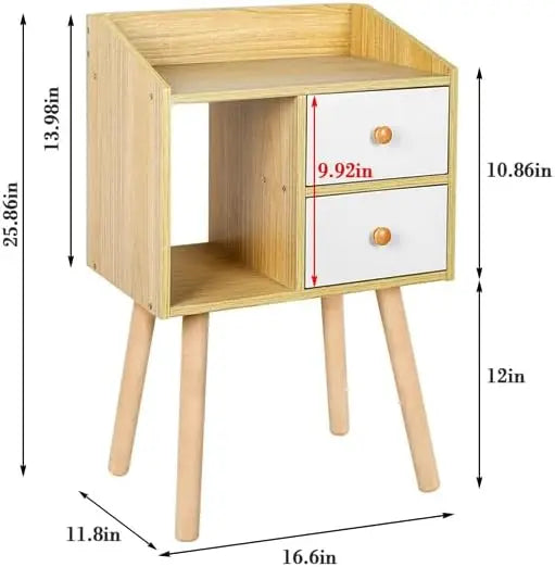 Night Stand, Bedside Table with Drawers Mid Century Modern Nightstand  Open Storage Compartment and Solid Wood Legs