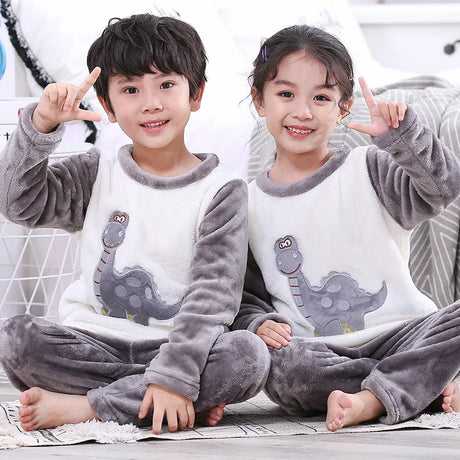 New Winter Kids Pajamas Velvet Thickened Warm Casual Pajamas Loungewear Kids Boys Girls Flannel Set Long Sleeve Coral Fleece