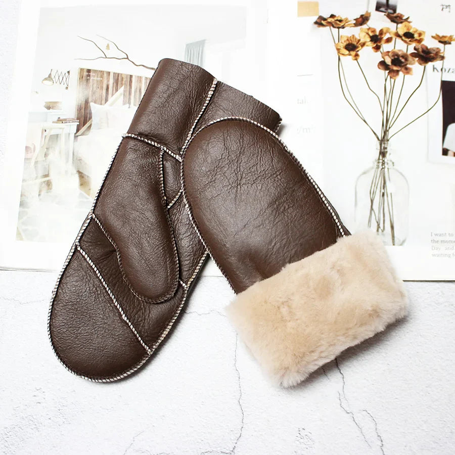 Sheepskin Fur Mittens Women's Leather Wool Color Winter Warmth Thickening Outdoor Cold-Proof Boy Student Windproof Gloves