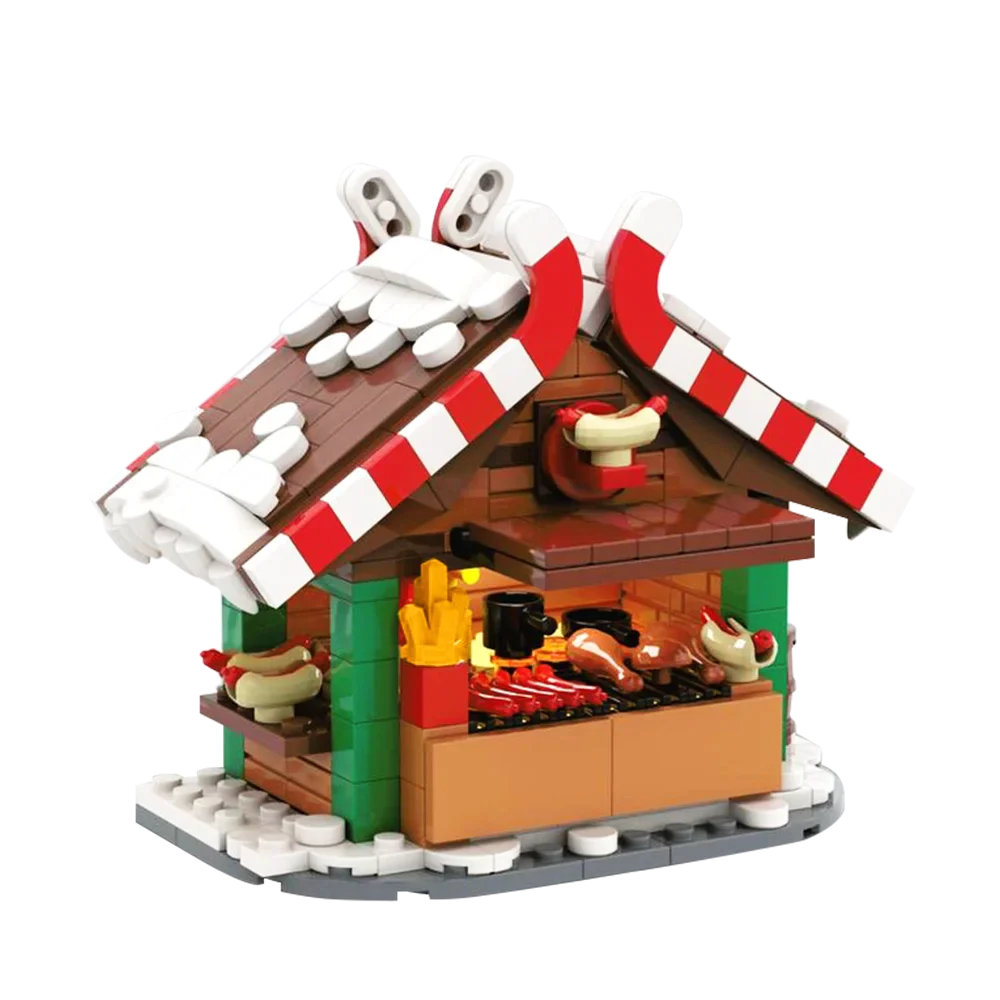 Gobricks MOC Winter Street View Christmas Grilling Stand Building Block set Hot Drinks Stands Tuk-Tuk Coffee Brick Kids Toy Gift