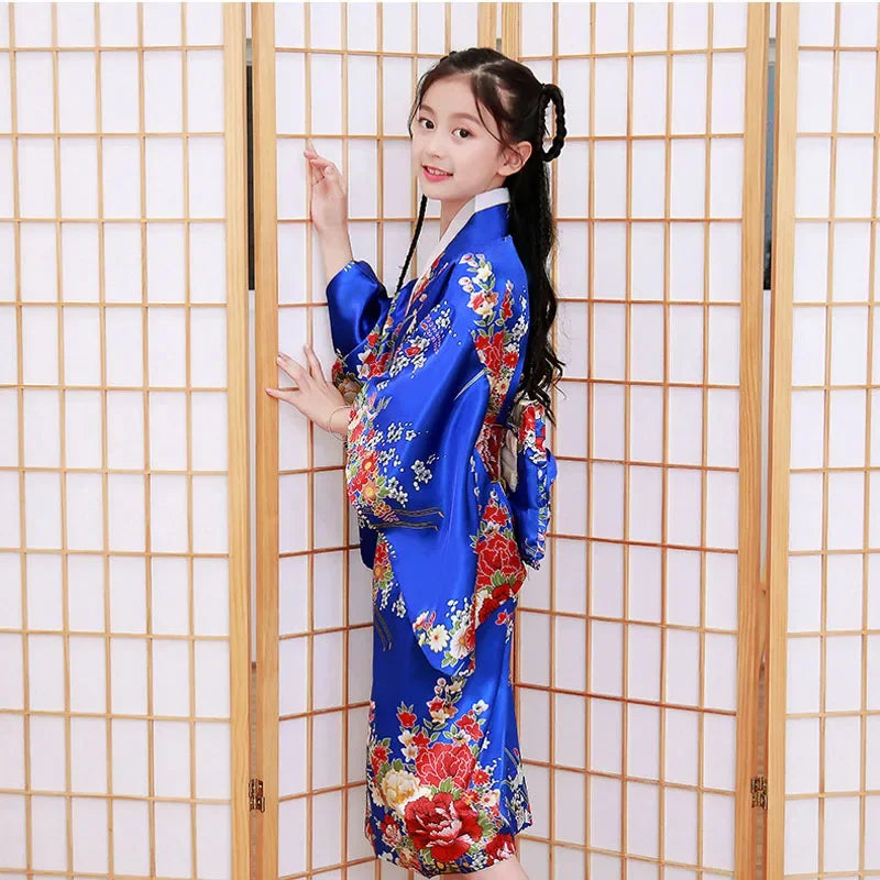 Cute girl, Japanese ethnic style kimono and dance dress, retro printed flower stage show costume