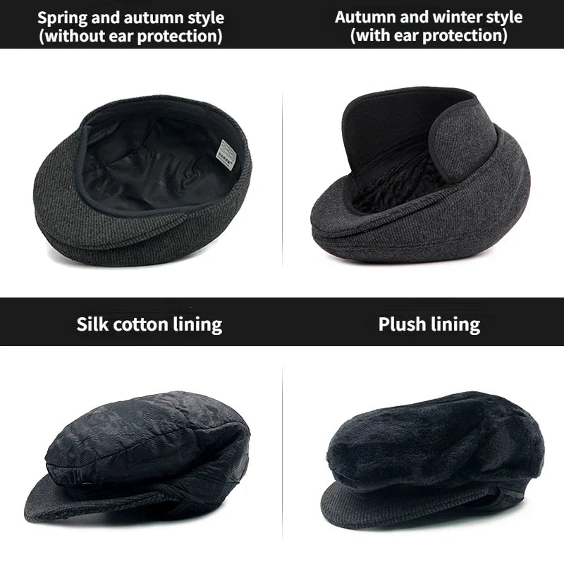 Big Head Circumference Men's Hat Autumn And Winter Warm Beret Spring And Autumn Fleece-lined Earflaps Peaked Cap Small Size