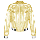 Kids Girls Shiny Baseball Jacket Bolero Disco Blazer Street Dance Wear Long Sleeve Metallic Zipper Bomber Coat Outerwear