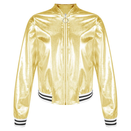 Kids Girls Shiny Baseball Jacket Bolero Disco Blazer Street Dance Wear Long Sleeve Metallic Zipper Bomber Coat Outerwear