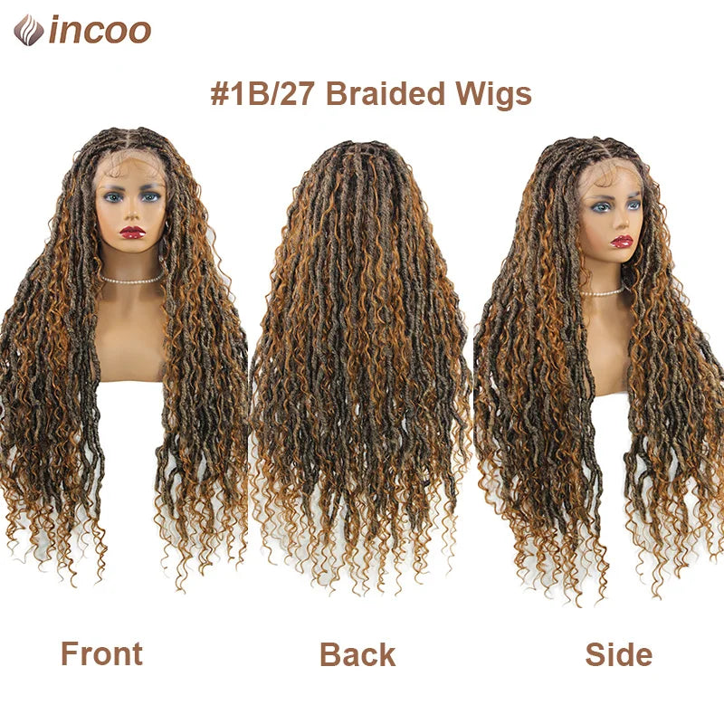 32" Butterfly Loc Full Lace Front Braided Wig With Curly Hair Distressed Knotless Box Braided Wigs For Women Black Twist Wigs