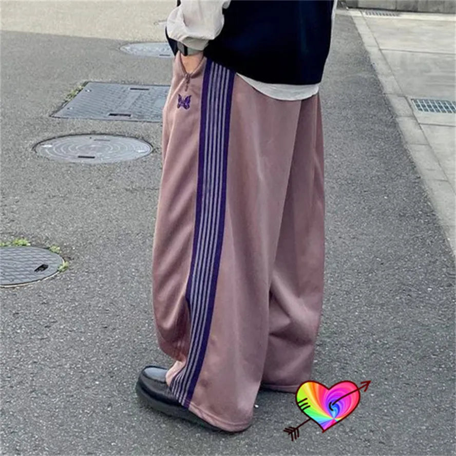 2023 Oversized Taupe Needles Pants Men Women 1:1 Wide Leg Needles Track Pants Butterfly Logo Sweatpants AWGE Sport Trousers