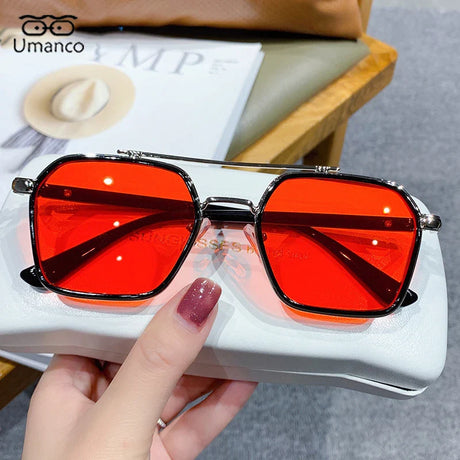 Umanco Trendy Double Beam Square Sunglasses For Men Metallic Ocean Blue Lenses Driver Sunglasses UV400 Design Retro Glasses