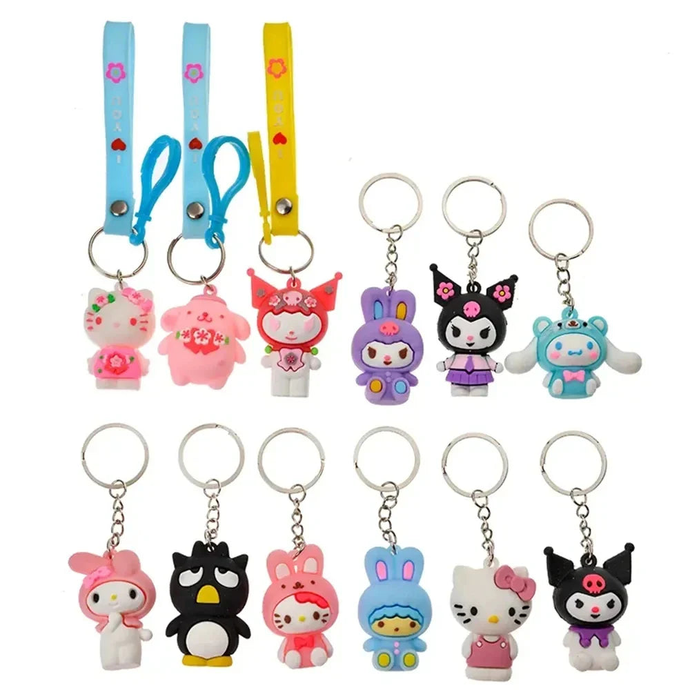 24Pcs Sanrio Keychain Kawaii Kitty Cinnamoroll Kuromi Anime Figures Pokemon Pikachu Keyring Pendant for Children Toys Gifts