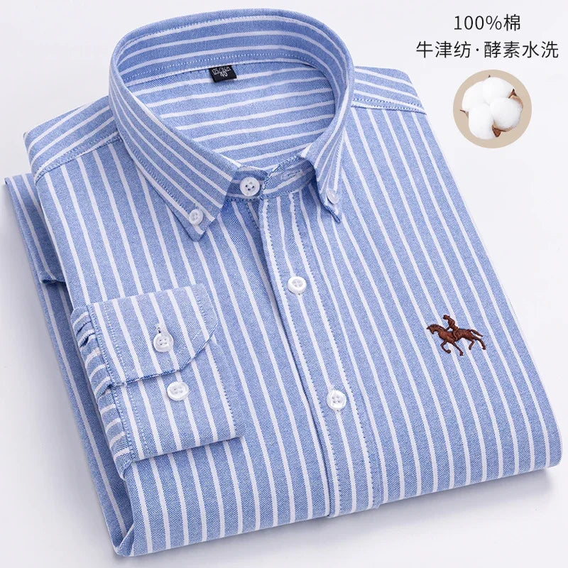 2023 100% Cotton Oxford Man Leisure Embroidered Horse Shirts Streetwear Oversized  Men Shirt Floral Long Sleeve Casual Plus Size