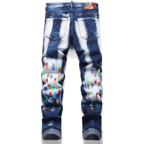 Men Painted Ripped Jeans Streetwear Stretch Denim Slim Tapered Pants Holes Distressed Trousers