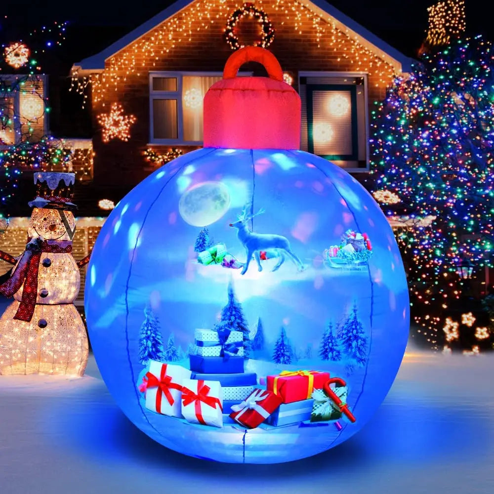 Christmas Inflatable Balls Decorations Blow Ups Christmas Ornament Blue Ball with Santa Gift Designed Pattern Indoor Outdoor Toy