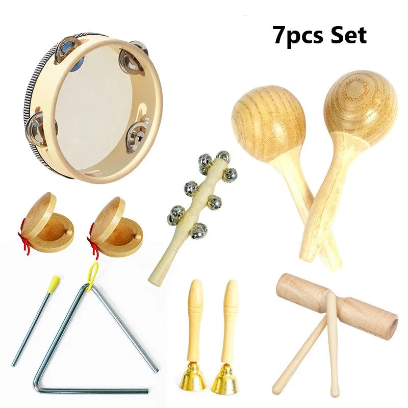 Toddlers Music Toys Set Castanet Sand Hammer Tambourine Triangle Double Ringer Orff Percussion Instrument Sets Montessori Toys