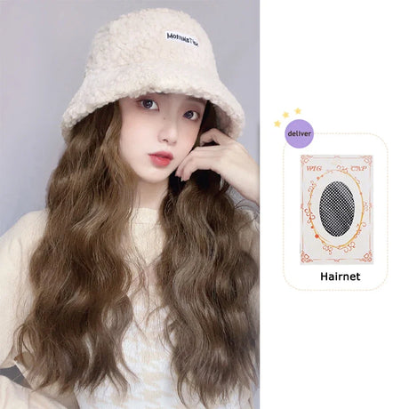 AS  Syntheti Curly hair Lamb wool fisherman hat Berets  Wig Natural Black Straight Wigs Naturally Connect Synthetic Hat Wig Adju