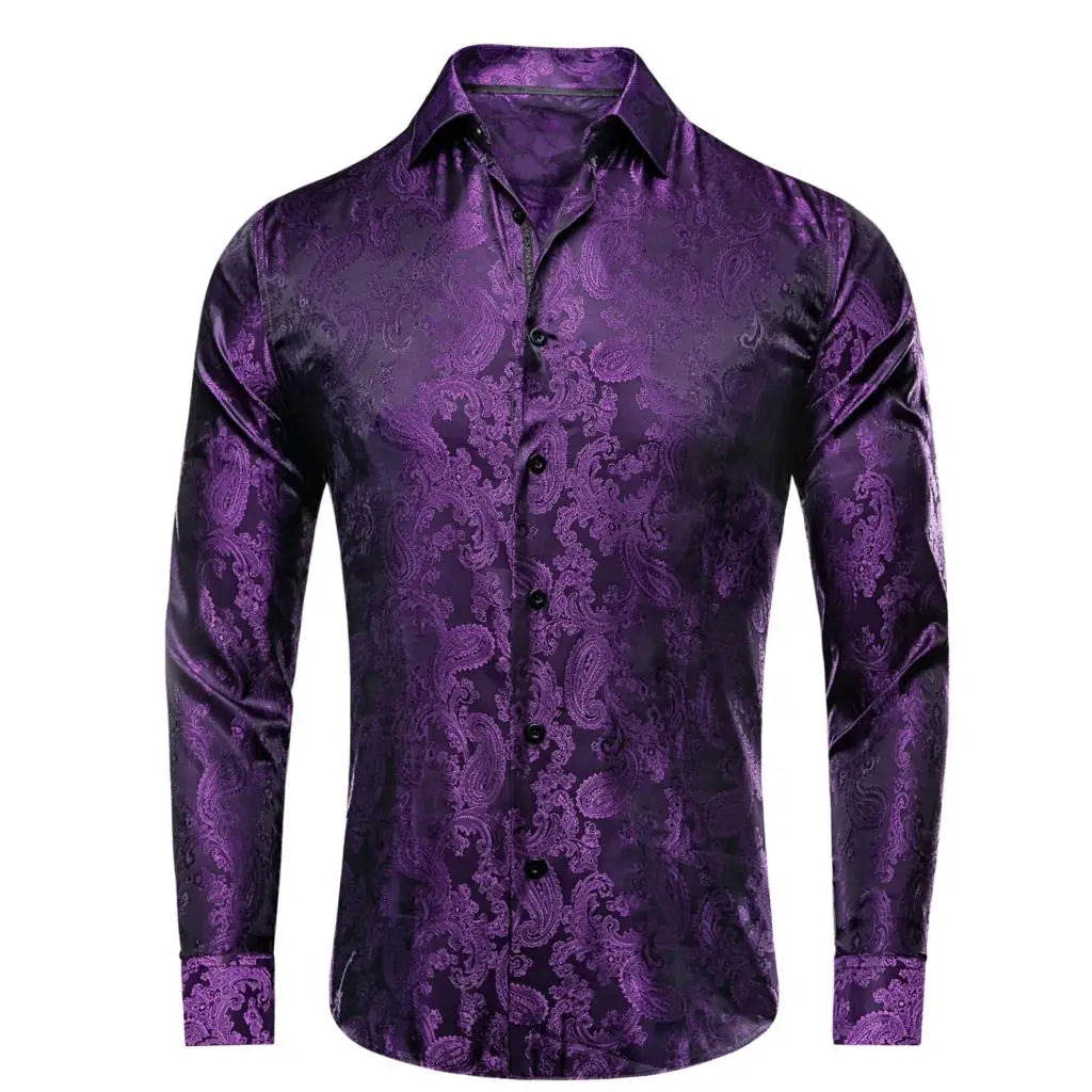 Lilac Mauve Lavender Purple Silk Mens Shirts Luxury Lapel Long Sleeve Dress Shirt Jacquard Blouse for Male Wedding Business Prom