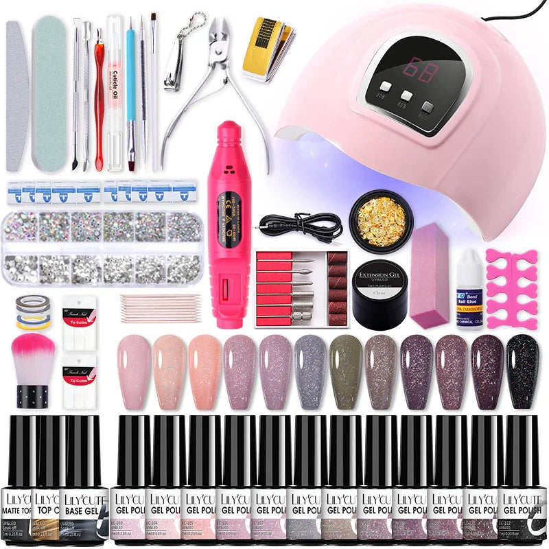 LILYCUTE Manicure Set For Quick Nail Extensions Gel Nail Polish With UV LED Nail Lamp Electric Nail Drill All For Nail Gel Tools