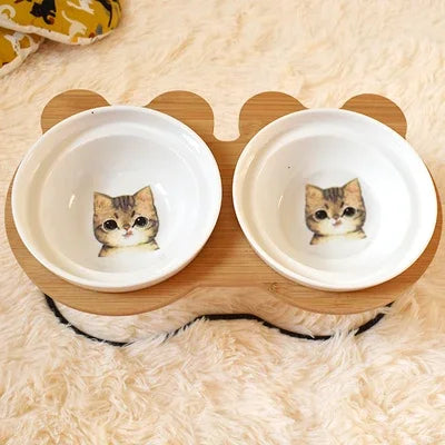 New High-end Pet Bowl Bamboo Shelf Ceramic Feeding and Drinking Bowls for Dogs and Cats Pet Feeder Accessories