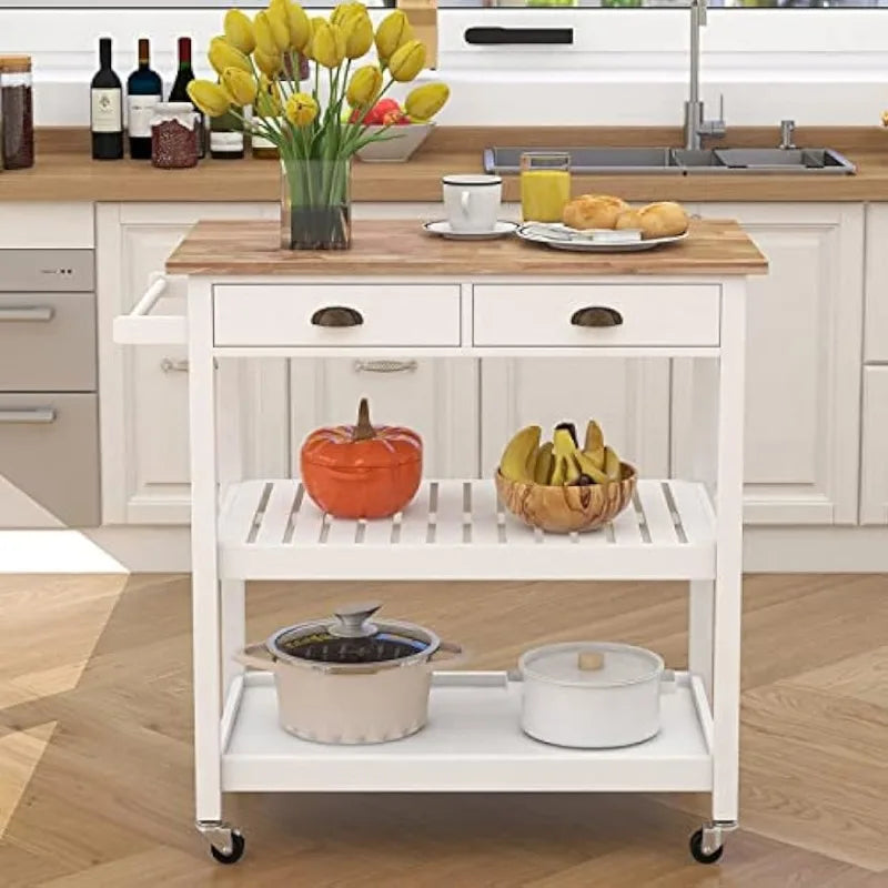 ChooChoo Rolling Kitchen Cart, Portable Kitchen Island Wood Top Kitchen Trolley with Drawers and Two-Tier Open Shelf