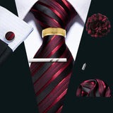 Barry.Wang Silk Mens Tie Hanky Cufflinks Clip Brooch Ring Set Red Solid Striped Necktie Casual Gift Male Wedding Business Events