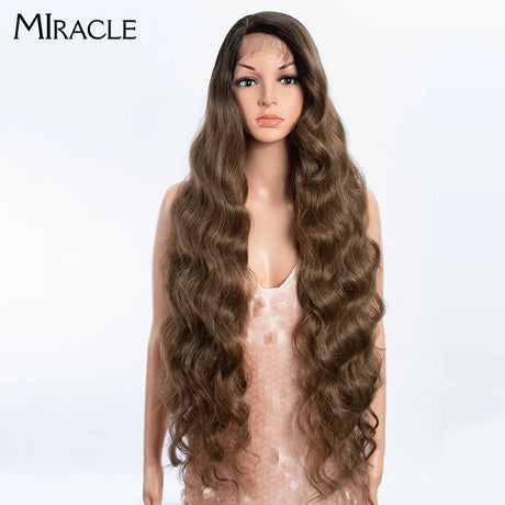 MIRACLE Synthetic Lace Front Wigs For Women Long Wavy 36 Inch Body Wavy Side Part Lace Front Wig Ombre Brown Blonde Cosplay Wig