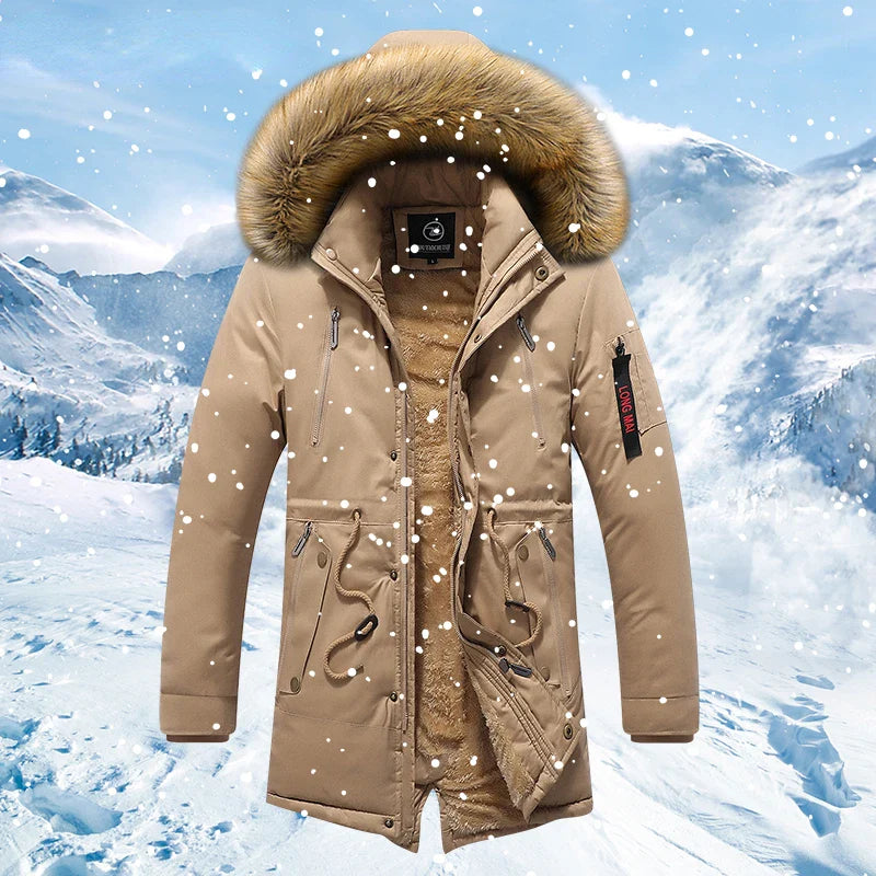 2023 Mens Winter New Windproof Warm Thick Fleece Long Parka Jacket Mens Outwear Fashion Casual Fur Collar Outdoor Hooded Parkas