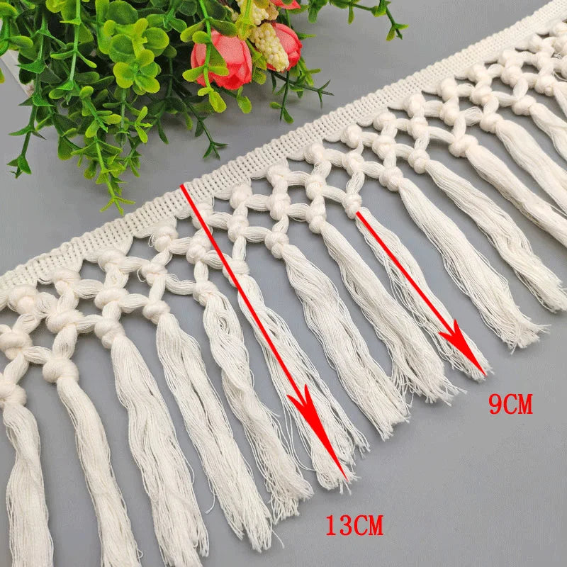 5M Beige Cotton Fringe Lace Ribbon DIY Apparel Sewing Fabric Home Textile Curtain Decor Tape 13CM Wide Handmade Crafts Tassel