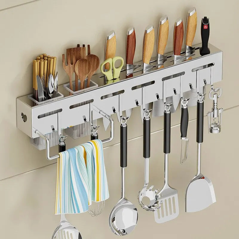 Stainless Steel Kitchen Storage Rack Wall-mounted Multifunctional Storage Knife Rack with Multiple Brackets and Hooks