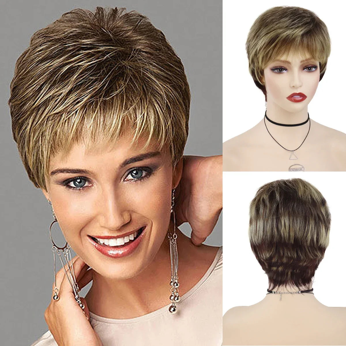 GNIMEGIL Synthetic Short Pixie Cut Wig Women Natural Hairstyle Bangs Wig Blonde Mix Brown Soft Straight Wig for Chemo Patient