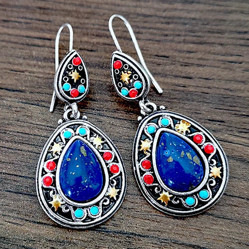 Bohemian Water Drop Blue Stone Earrings for Women Tibetan Jewelry Fashion Cubic Zircon Dangle Earrings Accessories