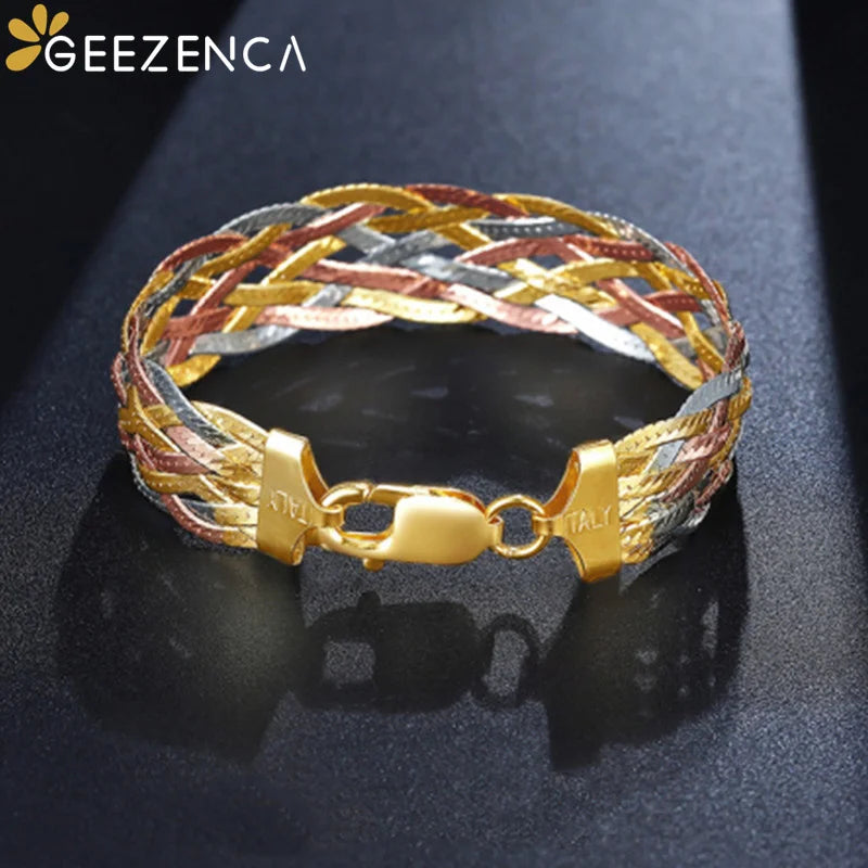 Real 925 Sterling Silver Three Color Gold Plated Multi Threads Woven Bracelets For Women Italian Jewelry Trendy Luxury Bracelets