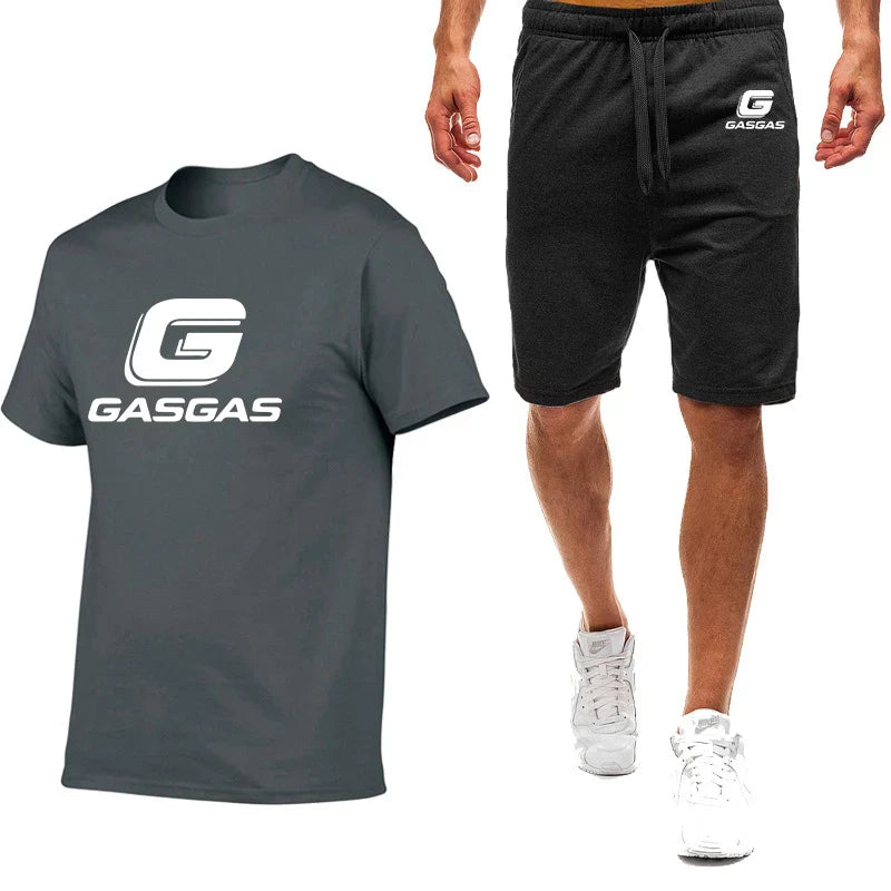 Motorcycles GasGas Summer Men's Sportswear Shorts Set Short Sleeve Breathable Grid T-Shirt Shorts Casualwear Basketball Training