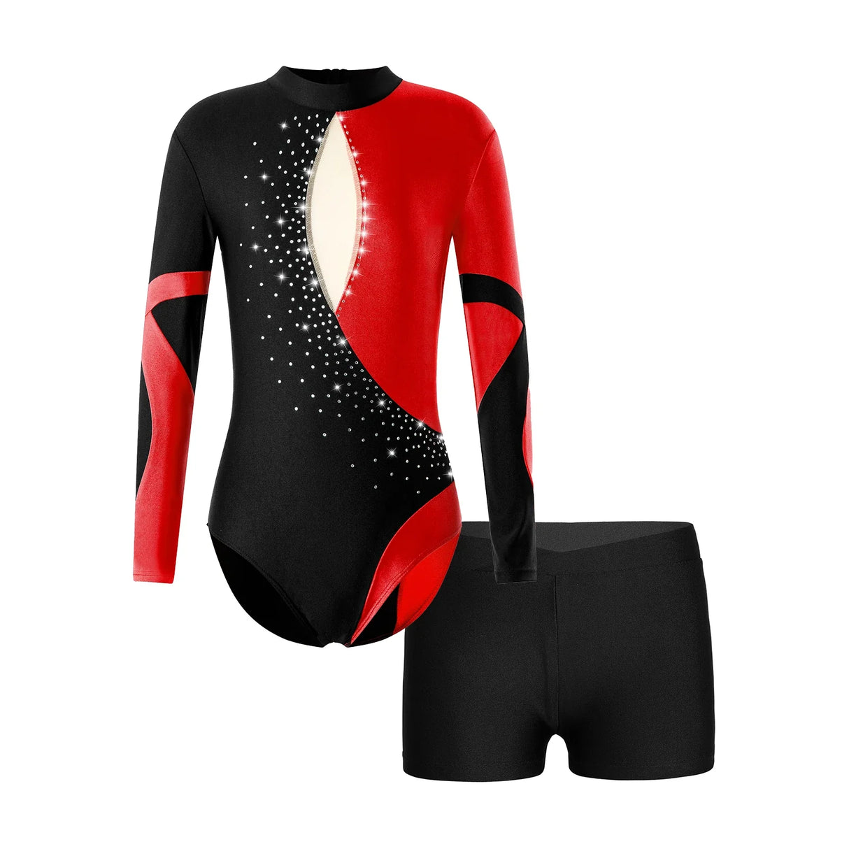 Kids Girls Ballet Gymnastic Leotard Skating Performance Costume Long Sleeve Backless Shiny Rhinestones Bodysuit with Shorts