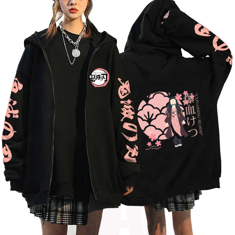 Demon Slayer Japan Anime Women Hoodies Kamado Nezuko Plus Size Autumn Zipper Jackets Pullover Hooded Girl Zip Up Sweatshirt