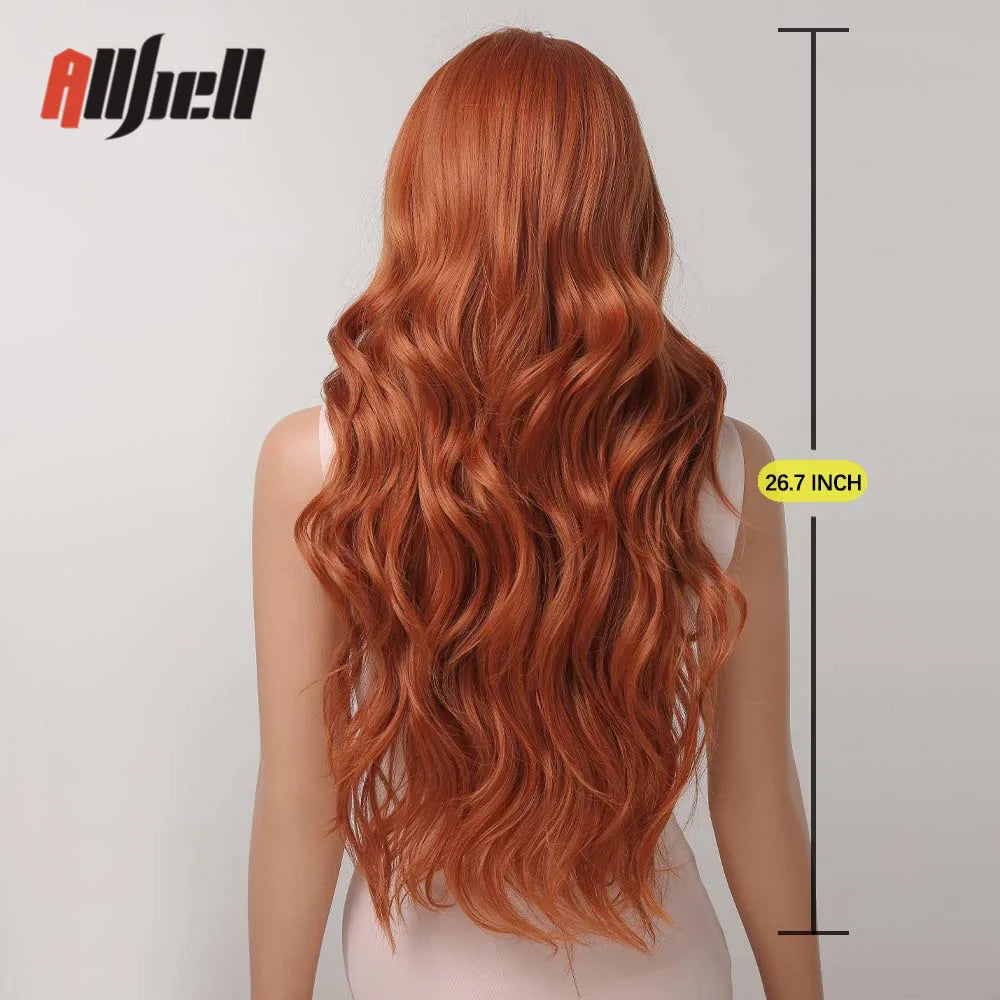 Copper Ginger Brown Wigs with Bangs Natural Synthetic Long Wavy Wigs for Black Women Afro Cosplay Daily Heat Resistant Hair Wig