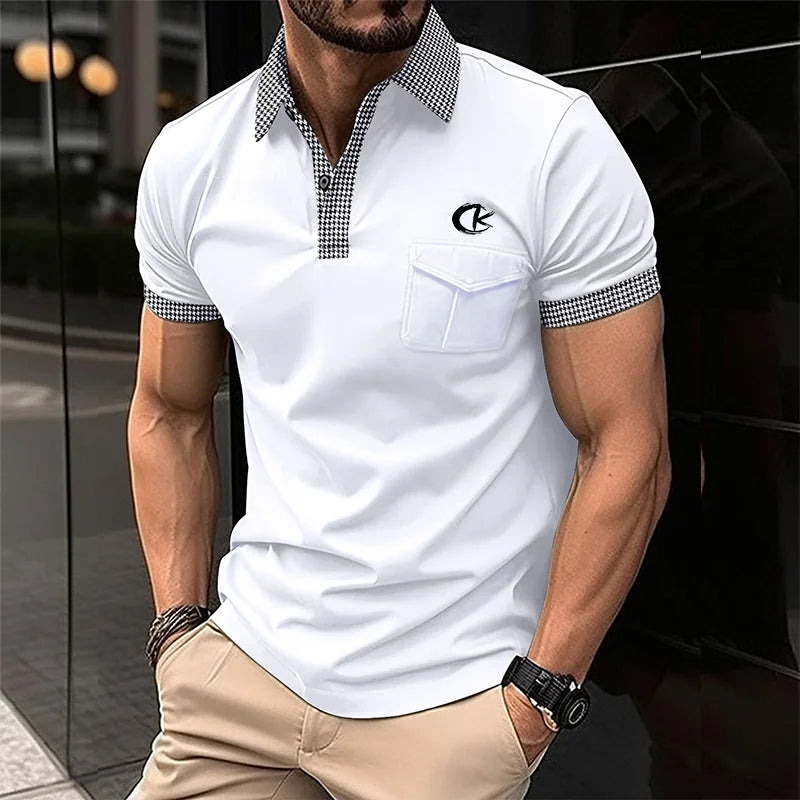 European and American men's casual short sleeved polo shirt Fashion bird plaid collar T-shirt Men's business breathable polo shi