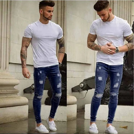 Men High street Stylish Ripped Skinny Pencil Jeans Men Solid color Slim Holes Simple style Casual Denim Pants